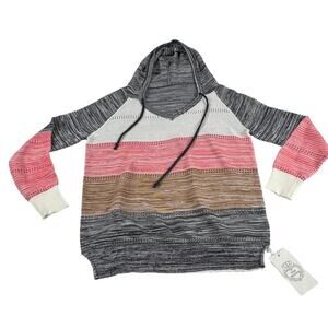 Floral Blooming Women Medium Hooded Sweater Lightweight Black White Pink Striped